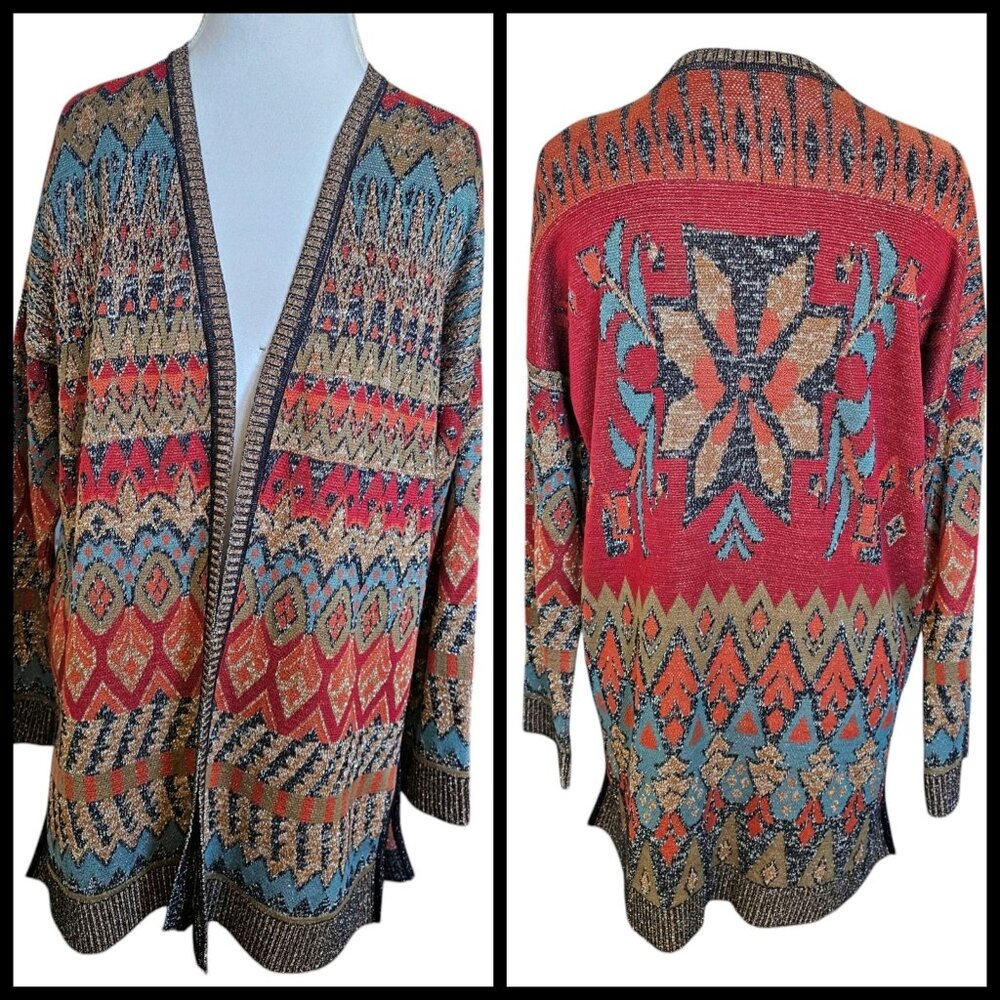 Peruvian Connection Tunic Cardigan Sweater Multi-color Metallic Pima Cotton‎ M/L